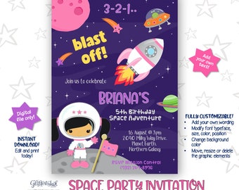 Outer space party printable invitation / Girl astronaut party invitation / Spaceship party invitation / Rocket invitation - edit with Corjl