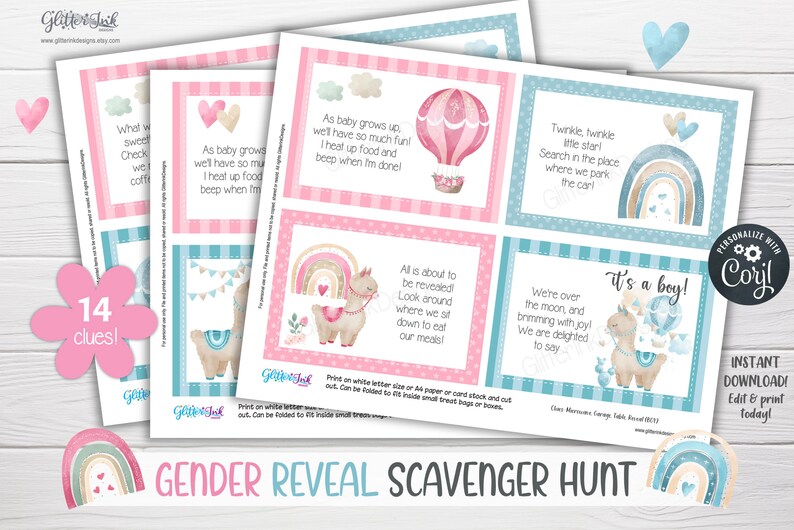 Geschlecht enthüllen Schatzsuche Hinweiskarten für Babyparty-Partyspiele, druckbare Schatzsuche-Hinweise für Lama Bild 5