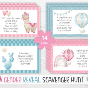 K&ouml;nnte beinhalten: Ein rosa-blaues Gender Reveal-Schnitzeljagd-Spiel mit 14 Hinweisen. Die Hinweise sind auf Karten mit Illustrationen eines Lamas, eines Hei&szlig;luftballons, eines Kaktus und eines Regenbogens gedruckt. Der Text auf den Karten lautet: "Wir sind &uuml;bergl&uuml;cklich! Unser Kleines ist unterwegs! Ein Junge oder ein M&auml;dchen? Folge diesen Hinweisen, um es heute herauszufinden!"  "Ein s&uuml;&szlig;es kleines Baby, Was k&ouml;nnte man sich mehr w&uuml;nschen? Schau, wo wir unsere G&auml;ste in der N&auml;he der Haust&uuml;r begr&uuml;&szlig;en!"  "Plitsch-platsch, Oh, was f&uuml;r eine Freude! Hier wird das Baby jeden Abend gebadet!"  "Ein kleines Trippeln von winzigen F&uuml;ssen wartet! Suche, wo wir unsere Tassen, Sch&uuml;sseln und Teller aufbewahren!"