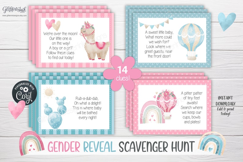 K&ouml;nnte beinhalten: Ein rosa-blaues Gender Reveal-Schnitzeljagd-Spiel mit 14 Hinweisen. Die Hinweise sind auf Karten mit Illustrationen eines Lamas, eines Hei&szlig;luftballons, eines Kaktus und eines Regenbogens gedruckt. Der Text auf den Karten lautet: "Wir sind &uuml;bergl&uuml;cklich! Unser Kleines ist unterwegs! Ein Junge oder ein M&auml;dchen? Folge diesen Hinweisen, um es heute herauszufinden!"  "Ein s&uuml;&szlig;es kleines Baby, Was k&ouml;nnte man sich mehr w&uuml;nschen? Schau, wo wir unsere G&auml;ste in der N&auml;he der Haust&uuml;r begr&uuml;&szlig;en!"  "Plitsch-platsch, Oh, was f&uuml;r eine Freude! Hier wird das Baby jeden Abend gebadet!"  "Ein kleines Trippeln von winzigen F&uuml;ssen wartet! Suche, wo wir unsere Tassen, Sch&uuml;sseln und Teller aufbewahren!"