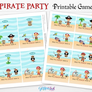 May include: Printable pirate party game with 12 cards featuring a cartoon pirate holding a sword and a treasure chest. The cards say "Ahoy! My Pirate name is..." and are designed for a pirate themed party.