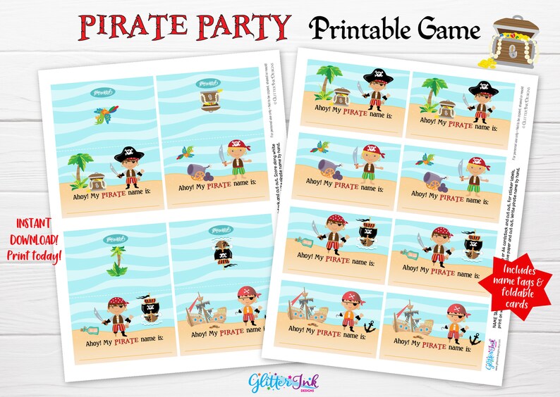 May include: Printable pirate party game with 12 cards featuring a cartoon pirate holding a sword and a treasure chest. The cards say "Ahoy! My Pirate name is..." and are designed for a pirate themed party.