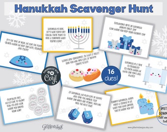 Hanukkah scavenger hunt clue cards / Hanukkah treasure hunt clues / Hanukkah games / Chanukah scavenger hunt for kids - menorah and dreidel