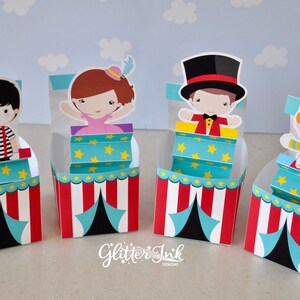 Scatola di bomboniere pop-up per bambini del carnevale del circo Jack in the Box PDF stampabile, tenda da circo con tendone giocattolo, bomboniera per feste - direttore del circo, clown, mimo, ballerino