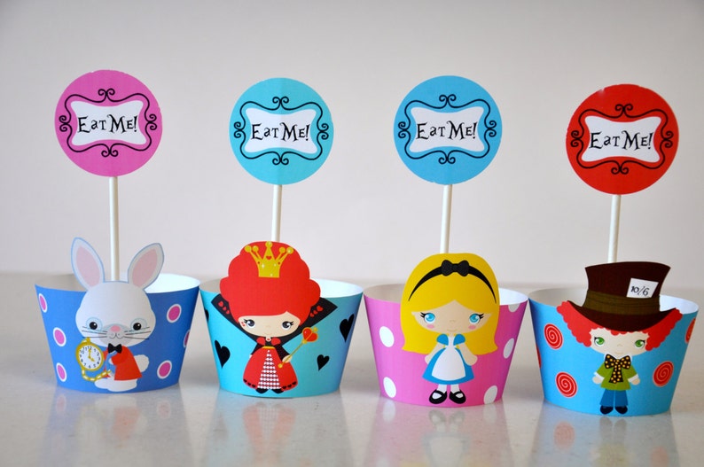 Alice in Wonderland cupcake wrappers Mad hatter Tea Party cupcake toppers Tea Party printable Eat Me tags Alice party favors