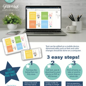 K&ouml;nnte beinhalten: Ein digitales Design-Template, das auf einem Laptop, Tablet und Telefon angezeigt wird. Das Design zeigt farbenfrohe Osterhasen-Grafiken und Text. Anweisungen zum Bearbeiten, Herunterladen und Drucken sind enthalten. Der Text lautet "EDIT, DOWNLOAD AND PRINT TODAY".