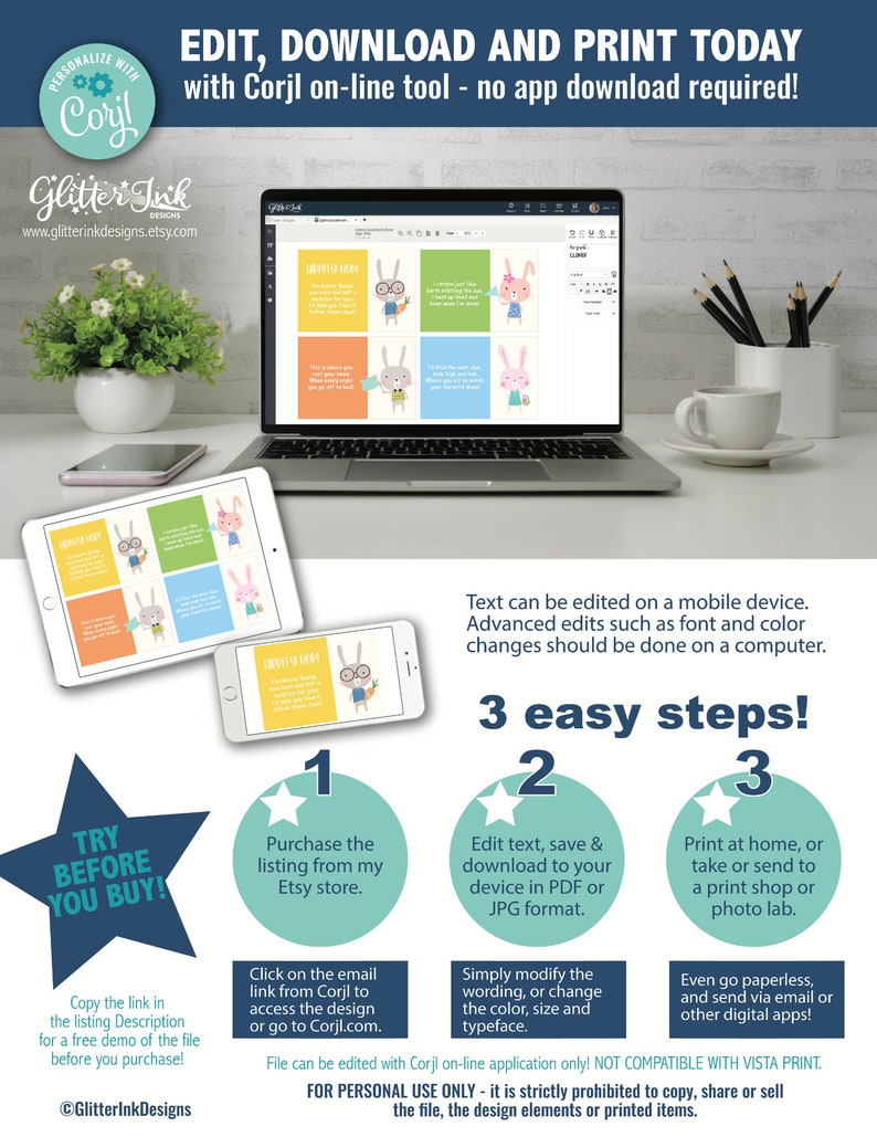 K&ouml;nnte beinhalten: Ein digitales Design-Template, das auf einem Laptop, Tablet und Telefon angezeigt wird. Das Design zeigt farbenfrohe Osterhasen-Grafiken und Text. Anweisungen zum Bearbeiten, Herunterladen und Drucken sind enthalten. Der Text lautet "EDIT, DOWNLOAD AND PRINT TODAY".