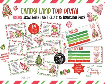 Christmas trip reveal with tricky scavenger hunt clues for teens, older kids and editable boarding pass, Candy land game for teenagers
