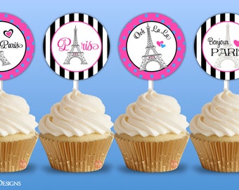 Paris Party cupcake toppers / Paris birthday cupcake wrappers / Eiffel Tower Ooh la la favor bag tags / Paris bridal shower