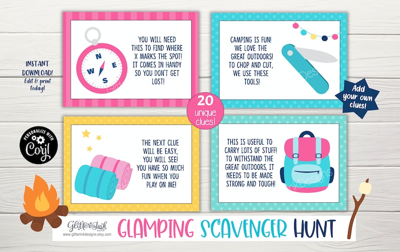 May include: A set of 20 printable cards for a glamping scavenger hunt. The cards are colourful and feature illustrations of camping gear, such as a compass, sleeping bags, a knife, and a backpack. The text on the cards includes clues for the scavenger hunt, such as "You will need this to find where X marks the spot!" and "This is useful to carry lots of stuff! To withstand the great outdoors, it needs to be made strong and tough!"