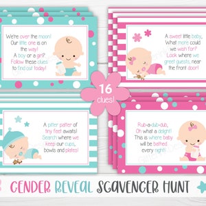 May include: A set of 16 gender reveal scavenger hunt clues with pink and blue baby illustrations. The clues are printed on cards with polka dot and striped patterns. The text on the cards reads "We're over the moon! Our little one is on the way! A boy or a girl? Follow these clues to find out today!" and "A sweet little baby, What more could we wish for? Look where we greet guests, near the front door!"