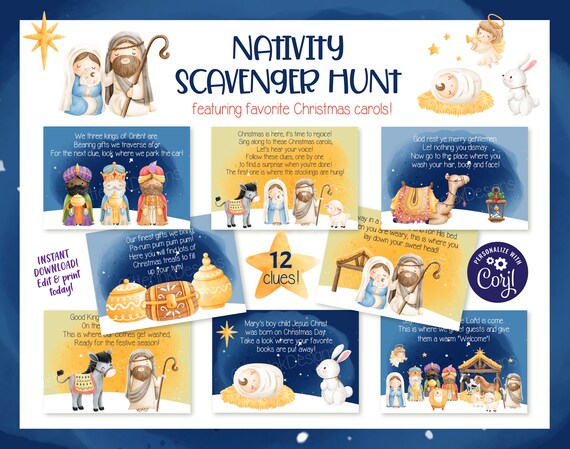 Nativity scene Christmas scavenger hunt clue cards / Christmas treasure Nativity scene Christmas scavenger hunt clue cards / Christmas treasure