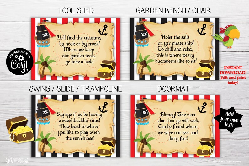 May include: Printable pirate-themed treasure hunt clues for a garden party. Each clue is a parchment-style card with a pirate ship, treasure chest, and a rhyme about a different area of the garden. The clues include: Tool Shed, Garden Bench/Chair, Swing/Slide/Trampoline, and Doormat.