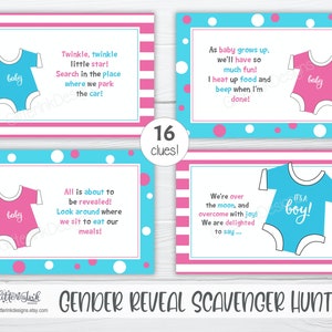 Gender reveal scavenger hunt clue cards for baby shower party games, Sibling announcement printable treasure hunt clues image 8