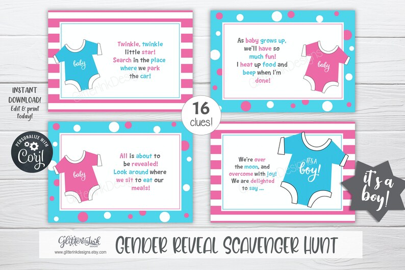 Gender reveal scavenger hunt clue cards for baby shower party games, Sibling announcement printable treasure hunt clues image 8