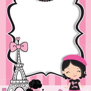 Puede incluir: Una invitaci&oacute;n de fiesta imprimible rosa y negra con un fondo a rayas rosa y blanco. La invitaci&oacute;n presenta una ilustraci&oacute;n en blanco y negro de la Torre Eiffel con un lazo rosa, un caniche rosa y una ni&ntilde;a que lleva una boina rosa y una camisa rosa y negra que dice "Bon Jour". El texto "Amelie's Paris Party" est&aacute; en la parte superior de la invitaci&oacute;n.
