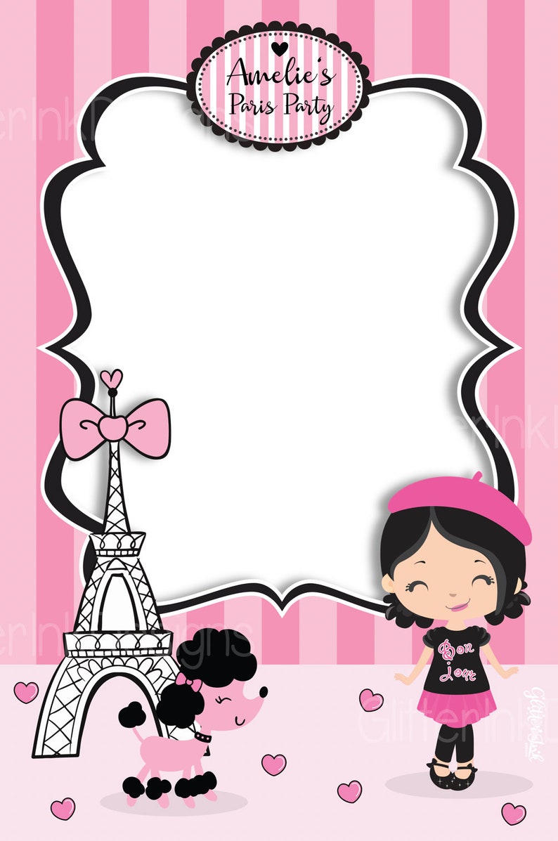 Puede incluir: Una invitaci&oacute;n de fiesta imprimible rosa y negra con un fondo a rayas rosa y blanco. La invitaci&oacute;n presenta una ilustraci&oacute;n en blanco y negro de la Torre Eiffel con un lazo rosa, un caniche rosa y una ni&ntilde;a que lleva una boina rosa y una camisa rosa y negra que dice "Bon Jour". El texto "Amelie's Paris Party" est&aacute; en la parte superior de la invitaci&oacute;n.