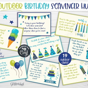 Outdoor Birthday scavenger hunt / Kids treasure hunt clues / Birthday party printable scavenger hunt clue cards for outside party games