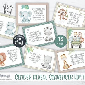 Gender reveal scavenger hunt clue cards for baby shower party games, Jungle treasure hunt printable clues image 7