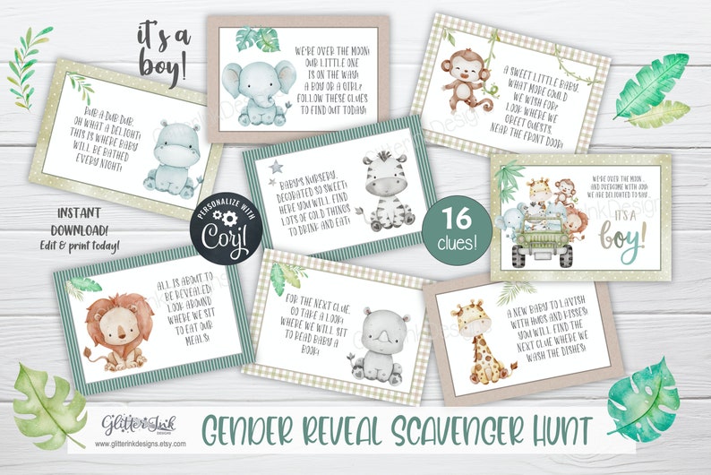 Gender reveal scavenger hunt clue cards for baby shower party games, Jungle treasure hunt printable clues image 7