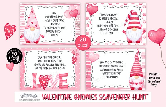 Valentine's Day scavenger hunt clue cards / Valentines Day treasure hunt clues / Valentine gnomes / Valentines games Il_570xn