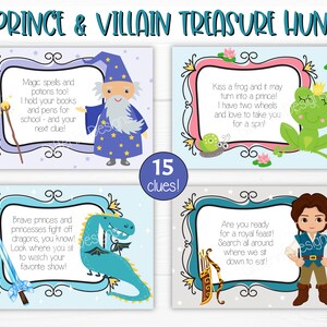 K&ouml;nnte beinhalten: Ein Satz von 15 druckbaren Schnitzeljagd-Hinweisen mit Illustrationen eines Zauberers, eines Frosches, eines Drachen, eines Prinzen und eines Bogens und Pfeils. Der Text auf den Karten lautet "Prince & Villain Treasure Hunt" und "15 Hinweise!"