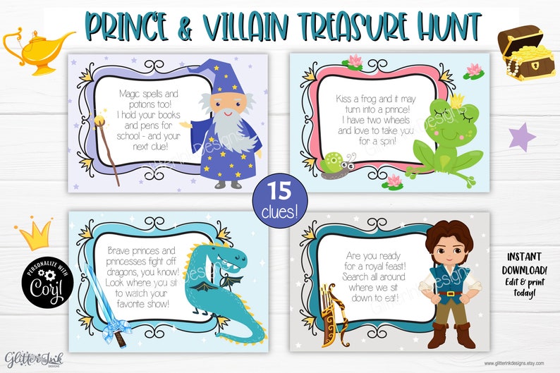 K&ouml;nnte beinhalten: Ein Satz von 15 druckbaren Schnitzeljagd-Hinweisen mit Illustrationen eines Zauberers, eines Frosches, eines Drachen, eines Prinzen und eines Bogens und Pfeils. Der Text auf den Karten lautet "Prince & Villain Treasure Hunt" und "15 Hinweise!"