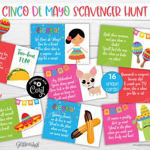 Cinco de Mayo speurtocht voor kinderen, Mexicaanse fiesta bewerkbare schattenjacht aanwijzingen, afdrukbare 5 de mayo familiefeestspellen