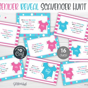 Gender reveal scavenger hunt clue cards for baby shower party games, Sibling announcement printable treasure hunt clues image 3