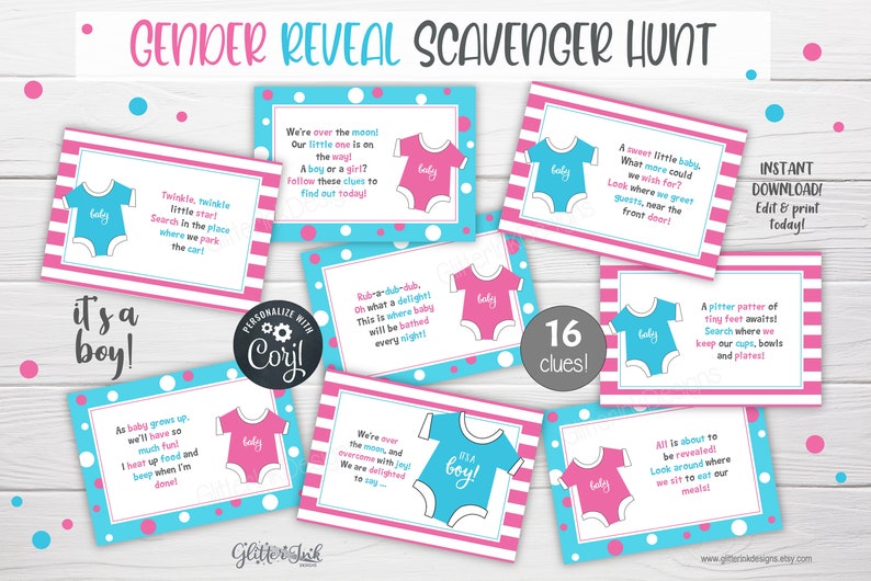 Gender reveal scavenger hunt clue cards for baby shower party games, Sibling announcement printable treasure hunt clues image 3