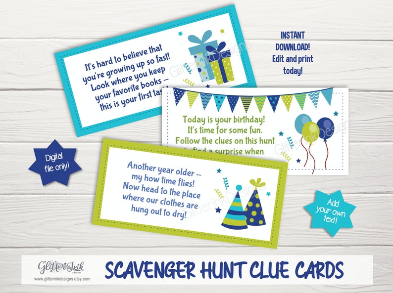 Birthday scavenger hunt clues / treasure hunt clue cards