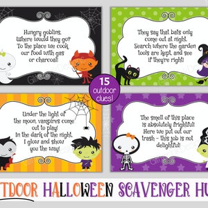 Outdoor Halloween scavenger hunt clue cards / Kids Halloween treasure hunt clues / Printable Halloween party games activity edit with Corjl image 4