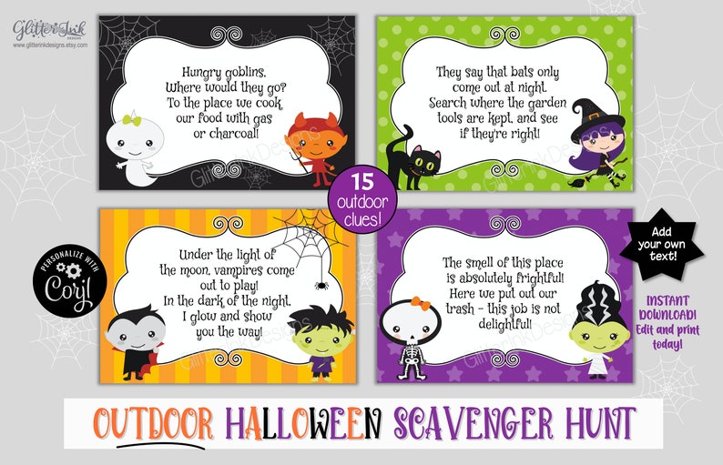 Outdoor Halloween scavenger hunt clue cards / Kids Halloween treasure hunt clues / Printable Halloween party games activity edit with Corjl image 4