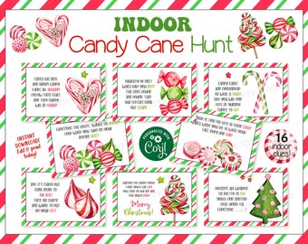 Indoor candy cane hunt / Christmas scavenger hunt / Christmas kids treasure hunt clues / Peppermint candy holiday fun family Christmas games