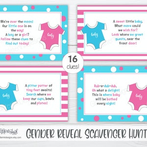 Gender reveal scavenger hunt clue cards for baby shower party games, Sibling announcement printable treasure hunt clues image 6