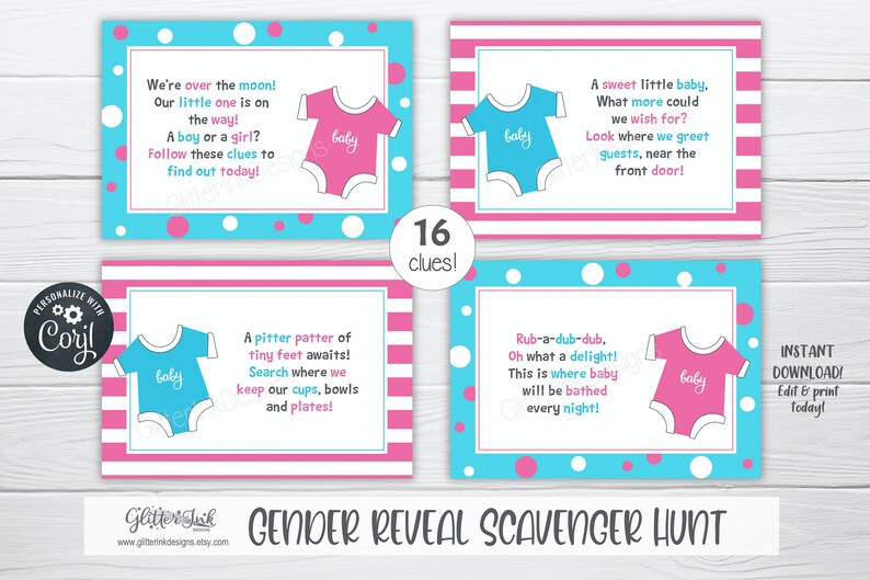 Gender reveal scavenger hunt clue cards for baby shower party games, Sibling announcement printable treasure hunt clues image 6