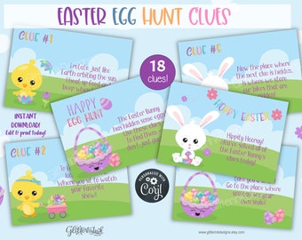 Easter scavenger hunt for kids / Easter egg hunt clues / Hoppy Easter treasure hunt clue cards / Easter bunny hunt inside outside activities