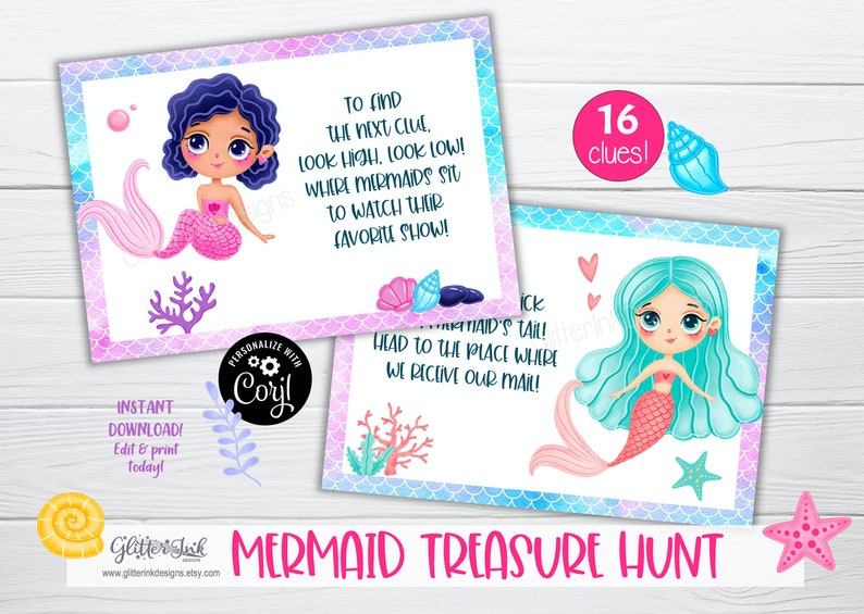 May include: A set of 16 printable mermaid treasure hunt clues. Each clue features a cute cartoon mermaid with pink and blue accents. The text on the clues reads "To find the next clue, look high, look low! Where mermaids sit to watch their favorite show!" and "Tick mermaid's tail! Head to the place where we receive our mail!"