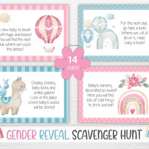 Geschlecht enthüllen Schatzsuche Hinweiskarten für Babyparty-Partyspiele, druckbare Schatzsuche-Hinweise für Lama Bild 3