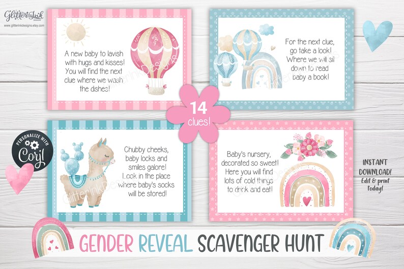 Geschlecht enthüllen Schatzsuche Hinweiskarten für Babyparty-Partyspiele, druckbare Schatzsuche-Hinweise für Lama Bild 3