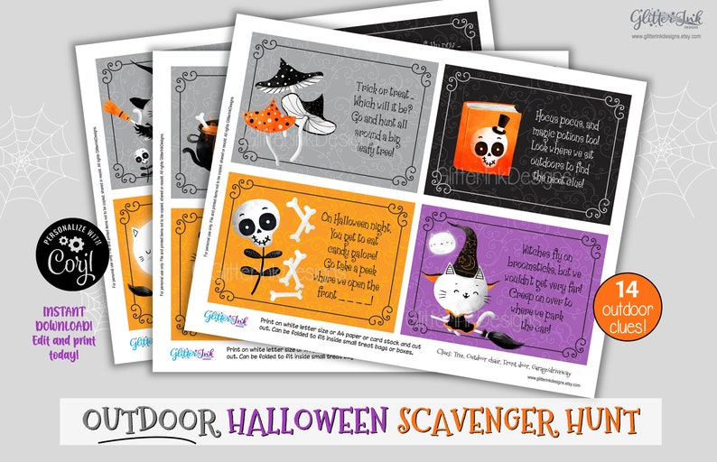 May include: A set of 14 printable Halloween scavenger hunt clue cards featuring colourful illustrations of cats, skulls, and witches. The cards are designed to be printed on white A4 paper or card stock and can be folded to fit inside small treat bags or boxes. The text on the cards reads: "Trick or treat - which will it be? Go and hunt all around a big leafy tree!"  "On Halloween night, you get to eat candy galore! Go take a peek where we open the front..."  "Witches fly on broomsticks, but we wouldn't get very far. Creep on over to where we park the car!"  "House pocos and magic potions too! Look where we sit outdoors to find the magical brew!"