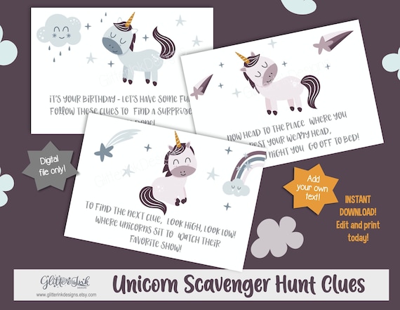 Unicorn scavenger hunt clue cards / Unicorn birthday scavenger hunt for kids / Unicorn treasure hunt clues / scandi unicorns Il_570xn