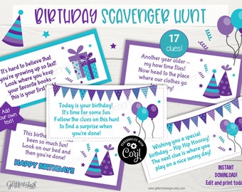 Birthday scavenger hunt clue cards / Birthday party treasure hunt clues for kids / Printable birthday party game - instant download