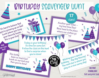 Birthday scavenger hunt clue cards / Birthday party treasure hunt clues for kids / Printable birthday party game - instant download