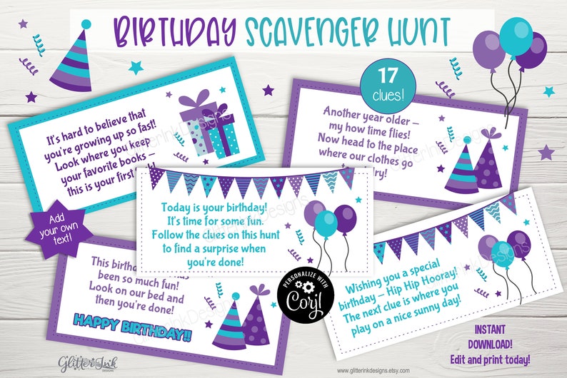 Puede incluir: Una b&uacute;squeda del tesoro de cumplea&ntilde;os imprimible con 17 pistas. Las tarjetas son de color morado y turquesa con globos, sombreros de fiesta y cajas de regalo. El texto en las tarjetas dice "B&uacute;squeda del tesoro de cumplea&ntilde;os", "17 pistas", "&iexcl;Es dif&iacute;cil de creer que est&eacute;s creciendo tan r&aacute;pido! Mira d&oacute;nde guardas tus libros favoritos: este es tu primero", "&iexcl;Hoy es tu cumplea&ntilde;os! Es hora de divertirse. Sigue las pistas de esta b&uacute;squeda del tesoro para encontrar una sorpresa cuando termines!", "&iexcl;Este cumplea&ntilde;os ha sido tan divertido! Mira en nuestra cama y ya habr&aacute;s terminado! &iexcl;Feliz cumplea&ntilde;os!!", "&iexcl;Un a&ntilde;o mayor! &iexcl;C&oacute;mo vuela el tiempo! Ahora ve al lugar donde est&aacute; nuestra ropa, &iexcl;intenta!", "&iexcl;Te deseo un cumplea&ntilde;os especial! &iexcl;Hip Hip Hurra! La siguiente pista est&aacute; donde juegas en un d&iacute;a soleado!"