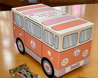 Retro groovy bus printable favor box, Daisy and peace sign editable van party favors and centerpiece decoration