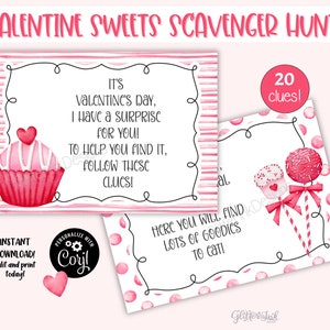 May include: Two printable Valentine's Day scavenger hunt cards with pink and white stripes and polka dots. The first card has a cupcake with pink frosting and a heart on top. The second card has a cupcake and a lollipop with pink frosting and sprinkles. The text on the first card reads "It's Valentine's Day, I have a surprise for you! To help you find it, follow these clues!" The text on the second card reads "Here you will find lots of goodies to eat!" The text "20 clues!" is in a pink circle on the top right corner of the image.