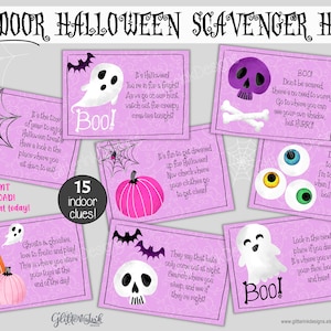 Indoor Halloween scavenger hunt / Kids Halloween treasure hunt clues / Purple and pink Halloween party games activity - edit with Corjl