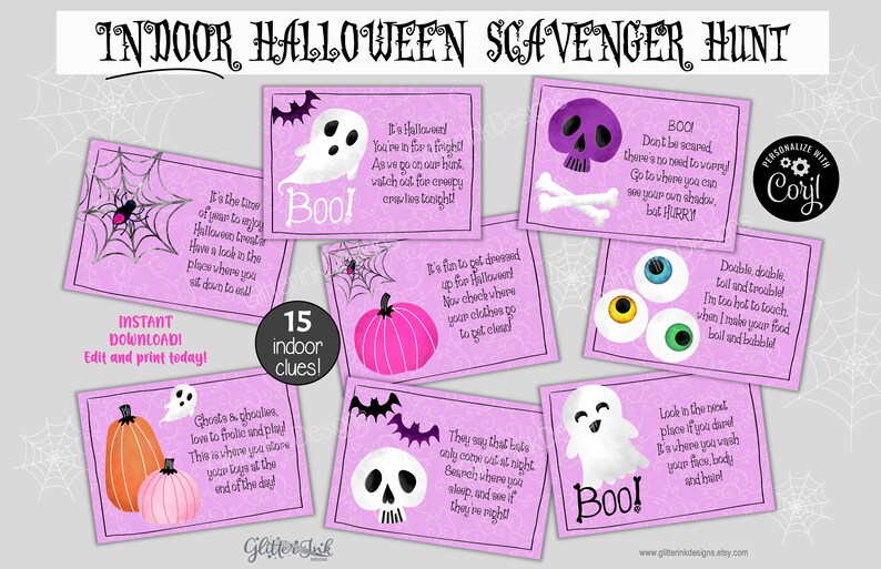 May include: A set of 15 printable Halloween scavenger hunt cards in pink and purple. The cards feature various Halloween-themed illustrations, including ghosts, pumpkins, skulls, and eyeballs. The text on the cards includes phrases like "It's the time of year to enjoy Halloween treats!" and "Double, double toil and trouble! I'm too hot to touch."