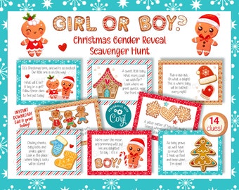 Gingerbread gender reveal scavenger hunt clue cards, Christmas baby shower He or She printable treasure hunt clues
